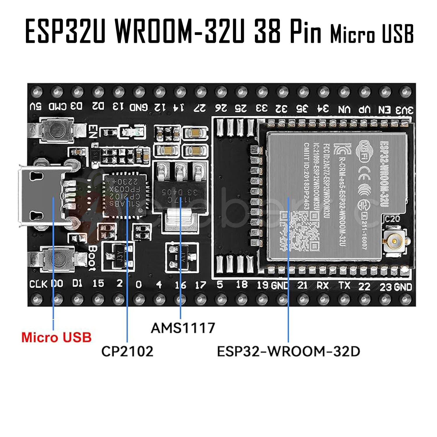 ESP32U WROOM-32U WiFi+BLE Dev Board (38 Pin) - View 3