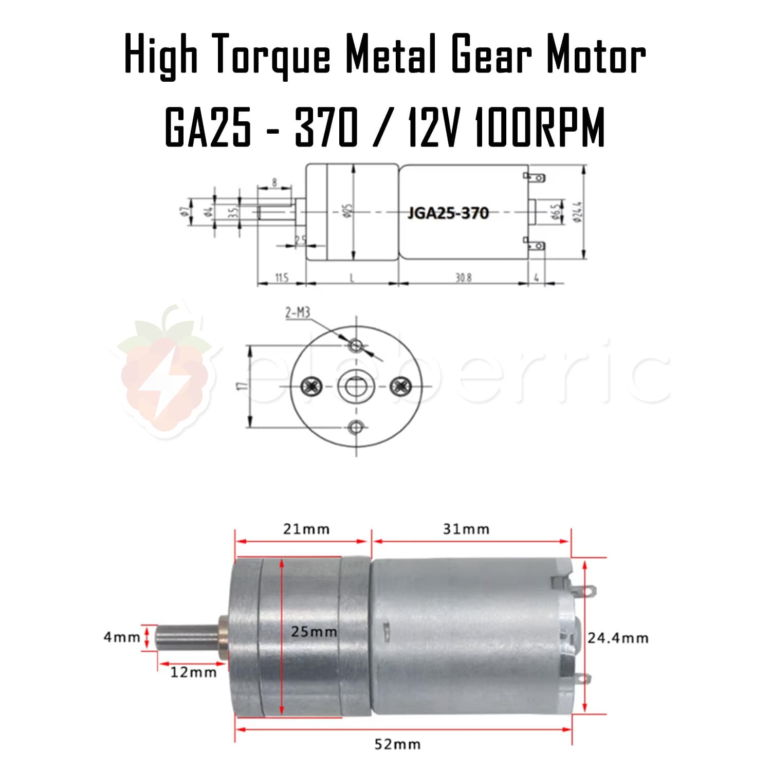 GA25-370 12V 100 RPM High Torque Metal Gear Motor - View 7