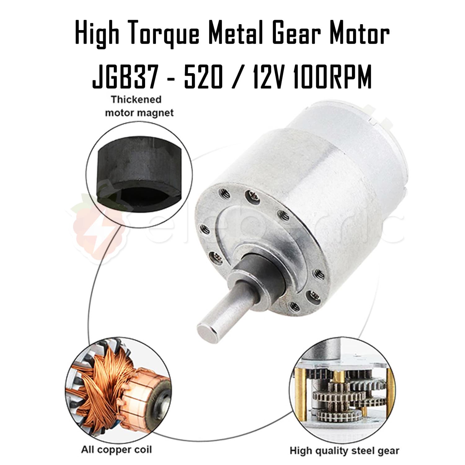 JGB37-520 12V 100 RPM High Torque Metal Gear Motor - View 4